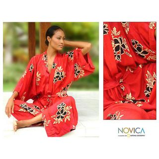 Women's Hibiscus Red Batik Robe (Indonesia) Novica Women's Clothing