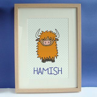 personalised baby scottish highland cow print by sarah catherine designs