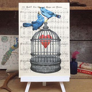 love birds birdcage vintage music paper print by roo abrook