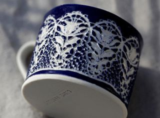 blue porcelain lace coffee cup by clare hartley
