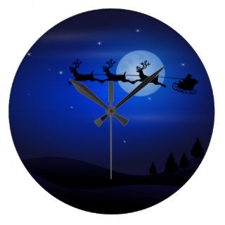 Blue Christmas Santa, Sleigh & Reindeer Flying Wallclock