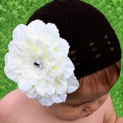 Headbandz Crocheted Dark Chocolate Kufi Hat with Unique Cream Flower Hats