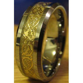 Bling Jewelry Tungsten Celtic Dragon Gold Inlay Flat Fit Wedding Band Jewelry