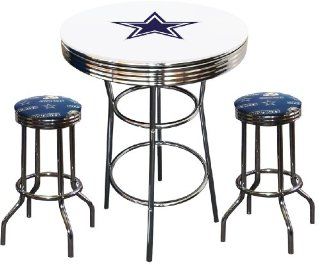 3 Piece Dallas Cowboys Logo Chrome Finish White Pub Table w/ 2 Bar Stools   Home Bars