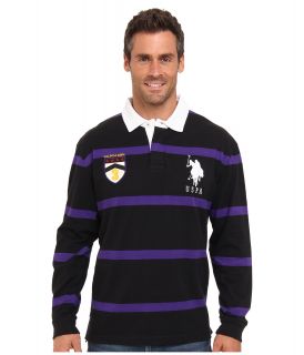 U.S. Polo Assn Long Sleeve Stripe Rugby Polo with Patch and Big Pony Logo Mens Long Sleeve Pullover (Black)