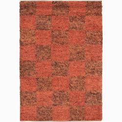 Handwoven Red Checkered Mandara New Zealand Wool Shag Rug (5 X 76)