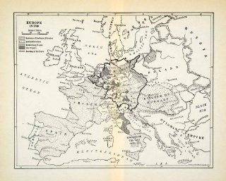 1931 Print Map Europe 1740 Ottoman Empire Bourbon France Austria Prussia Italy   Relief Line block Map  