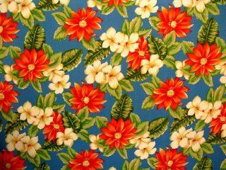 Islands Fabric White Plumeria & Red Sunflower Hawaiian Foliage in Afternoon Blue Outdoor Fabric 60" Wide By the Yard
