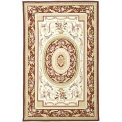 Hand hooked Aubusson Ivory/ Burgundy Wool Area Rug (89 X 119)