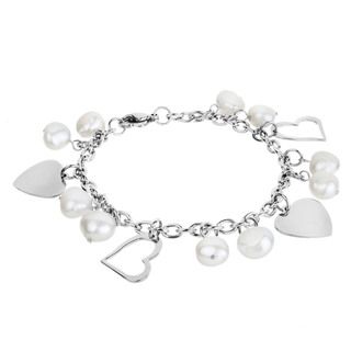 Stainless Steel Freshwater Pearl and Heart Charm Bracelet (9 10 mm) West Coast Jewelry Pearl Bracelets