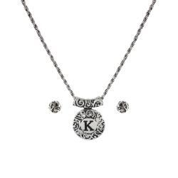 Roman Silvertone Initial 'K' Antiqued Dome Disc Necklace and Earring Set Personalized Necklaces