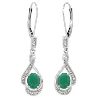 14K White Gold Natural Emerald Oval 7x5 mm Lever Back Earrings, 1 7/16 inch long Jewelry
