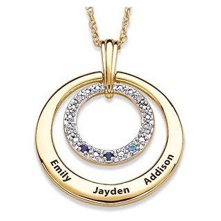 Two Tone Family Name & Birthstone Circle Necklace With Diamond   3 Birthstones Jewelry
