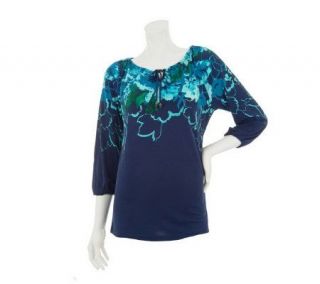 Susan Graver Long Sleeve Printed Tunic with Key Hole Detail —