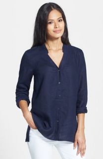 Eileen Fisher Mandarin Collar V Neck Linen Shirt
