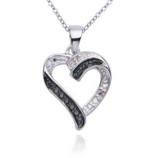 Platinum Plated Sterling Silver Black and White Diamond Heart Pendant Necklace, 18" Jewelry