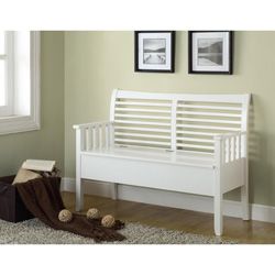 White Solid Wood Bench With Storage Top And Vertical Slats In Arms
