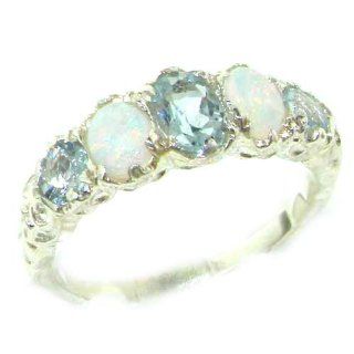 High Quality Solid Sterling Silver Natural Aquamarine & Opal English Victorian Ring   Finger Sizes 5 to 12 Available Jewelry