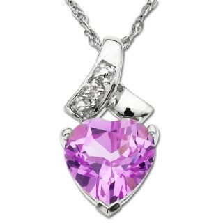 10k White Gold Created Pink Sapphire and Diamond Heart Pendant Necklace , 18" Jewelry