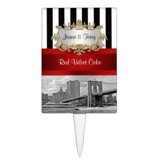 NYC Brooklyn Bridge Blk Wht Stripe Red Cake Toppe Rectangular Cake Toppers