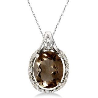 Oval Smoky Topaz and Diamond Pendant Necklace 14k White Gold (3.00ct) Jewelry