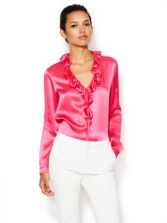 Silk Ruffle V Neck Blouse by Magaschoni