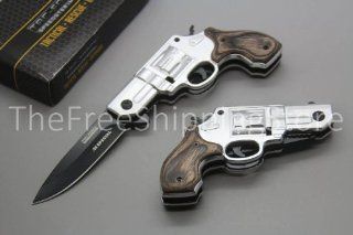 Tac Force Silver Gun Knife with Black Aluminum Revolver Handle and Wood Overlay 440 Black Stainless Steel Blade   Pocketknives  
