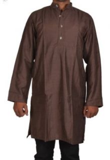 Indian Yoga Men Kurta Shirt Casual Wear Indian Semi Silk, Brown, Size40x40x24 Clothing