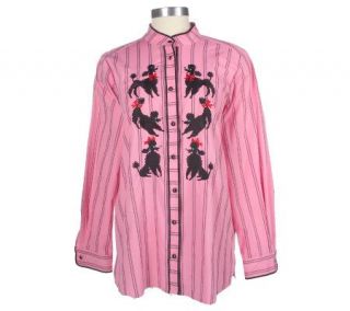 Bob Mackies Poodle Embroidered Striped Cotton Shirt —