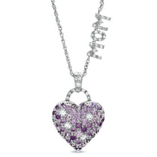 Amethyst and Lab Created White Sapphire Mom Heart Pendant in