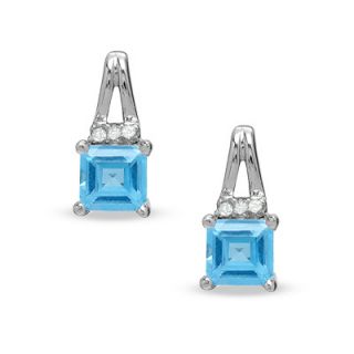 Square Blue Topaz Birthstone Earrings in Sterling Silver with Diamond