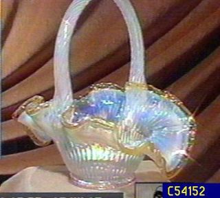 Fenton Art Glass Ribbon Candy Crimped Basket —