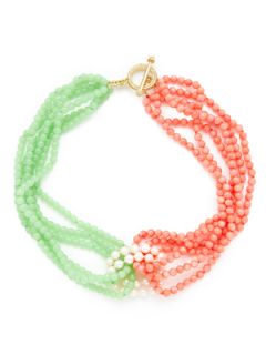 Coral, Lime Green Opal, & Pearl Multi Strand Link Necklace by KEP