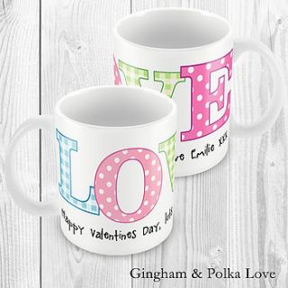 personalised gingham and polka love mug by able labels