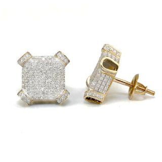 12mm White Diamond Square Cube Plain Men's Stud Earrings in 10K Yellow Gold Jewelry