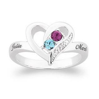 Sterling Silver Couples Simulated Birthstone Heart Ring with Diamond