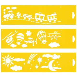 Set of 3   12" x 3" Reusable Flexible Plastic Stencils for Cake Design Decorating Wall Home Furniture Fabric Canvas Decorations Airbrush Drawing Drafting Template   Toys Train Aircraft Balloon Plane Clouds Stars Sky