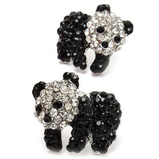 Fun Adorable Crystal Rhinestone Animal Panda Fashion Stud Earrings Silver Black Jewelry