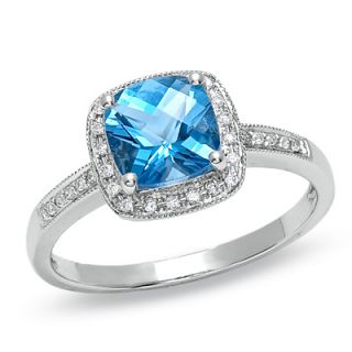 Cushion Cut Blue Topaz and Diamond Accent Ring in 14K White Gold