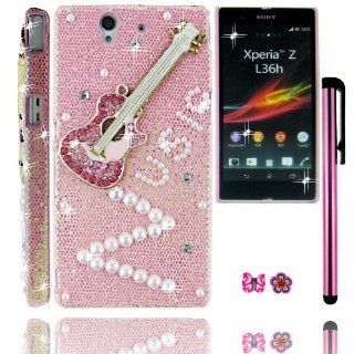 Fimeney Handmade Pink Crystal Diamond Rhinestones Pearls Guitar Pink Glitter Back Hard Protective Case Cover for Sony Xperia Z L36h + Cleaning Cloth + 2013 Calendar Card + Pink Stylus Pen + Butterfly And Flower Dust Plug Cell Phones & Accessories