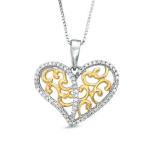 CT. T.W. Diamond Filigree Hearts Pendant in Sterling Silver and