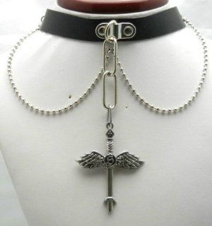 SALE OUT Limited STOCK 2014 model TEN455  60mm Angel Wings Sword Pendant Leather Collar Choker Necklace Gothic Health & Personal Care