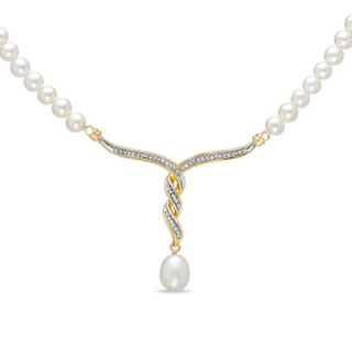 Cultured Freshwater Pearl Drop Necklace in 10K Gold with Diamond