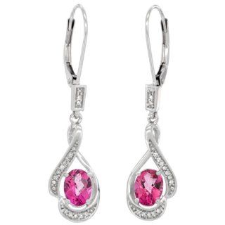 14K White Gold Natural Pink Topaz Oval 7x5 mm Lever Back Earrings, 1 7/16 inch long Jewelry