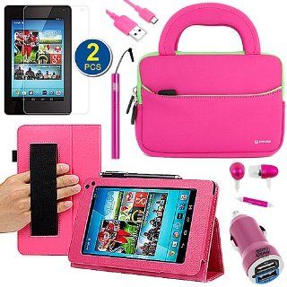 BIRUGEAR 8 Item Essential Accessories Bundle Kit for Hisense Sero 7 Pro (M470BSA)   7'' Android Tablet    Hot Pink SlimBook HandStrap Leather Folio Stand Case included Computers & Accessories