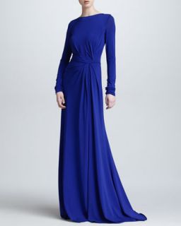 Elie Saab Long Sleeve Gathered Jersey Gown, Blue