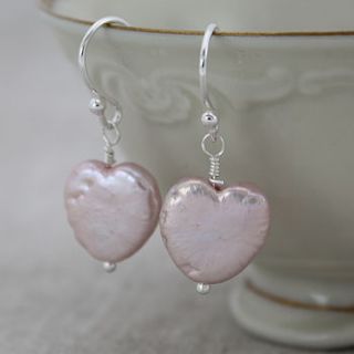 pearl earrings, heart shaped in pink by claudette worters