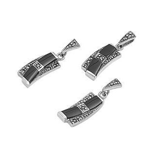 Sterling Silver Onyx Bent Rectangular Vintage Style Marcasite Earring Pendant Set Jewelry