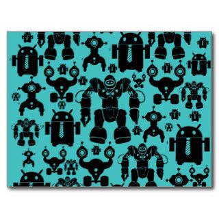 Robots Rule Fun Robot Silhouettes Pattern Blue Post Cards