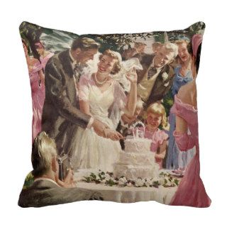 Vintage Wedding Bride Groom Newlyweds Cut Cake Pillows